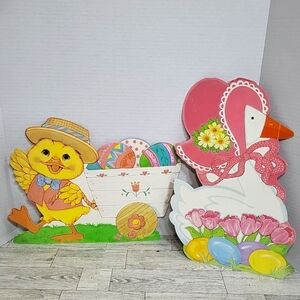 2 Vintage EUREKA Fuzzy Flocked EASTER Die Cut‎ Decorations Paper Goose Chick